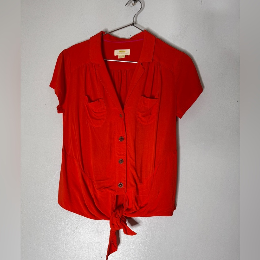 Maeve by Anthropologie Red Button Down Tie Front Shirt Sleeve Collar Top 0‎